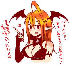 Rule 34 | 1girl, :p, ahoge, bare shoulders, blush, breasts, cleavage, demon girl, elbow gloves, female focus, gloves, heart, long hair, lord of vermilion, orange hair, pointy ears, red eyes, solo, demon girl, succubus (lord of vermilion), tongue, tongue out, upper body, white background