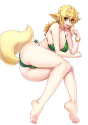 Rule 34 | 1girl, :d, absurdres, animal ears, ass, bare legs, bare shoulders, barefoot, bikini, blonde hair, bracelet, breasts, cleavage, feet, full body, green bikini, green eyes, hair between eyes, highres, jewelry, kaori-san (angelo), large breasts, long hair, lying, navel, on side, open mouth, original, side-tie bikini bottom, simple background, smile, solo, swimsuit, tail, thighs, white background, whoosaku