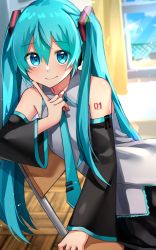 Rule 34 | 1girl, aqua eyes, aqua hair, aqua necktie, bare shoulders, black skirt, black sleeves, chair, commentary, curtains, day, detached sleeves, finger to cheek, grey shirt, hair ornament, hatsune miku, headphones, highres, index finger raised, indoors, katsuobushi (eba games), leaning to the side, locker, long hair, looking at viewer, necktie, pleated skirt, shirt, shoulder tattoo, sitting, skirt, sleeveless, sleeveless shirt, smile, solo, tattoo, twintails, upper body, very long hair, vocaloid, window, wooden floor