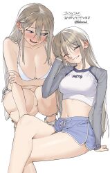 Rule 34 | 1girl, absurdres, artist name, bare shoulders, bikini, blush, breasts, cleavage, collarbone, cropped shirt, crossed legs, dolphin shorts, grey hair, grey sleeves, grin, hair behind ear, hair between eyes, hand in own hair, head tilt, highres, invisible chair, large breasts, long hair, long sleeves, looking at viewer, looking to the side, medium breasts, midriff, multicolored shirt, multiple views, navel, nervous smile, one eye closed, original, purple shorts, roivas, shirt, shorts, side-tie bikini bottom, simple background, sitting, smile, squatting, stomach, sweat, swimsuit, thick thighs, thighs, twitter username, white background, white bikini, white shirt