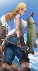Rule 34 | 1girl, absurdres, ass, blonde hair, breasts, brown eyes, earrings, fish, gloves, highres, jewelry, kisara (tales), large breasts, long hair, looking at viewer, muscular, muscular female, shirt, shorts, silvertsuki, smile, solo, tales of (series), tales of arise