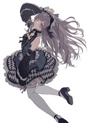 Rule 34 | absurdres, arm behind head, bad id, bad pixiv id, bare back, bare shoulders, black dress, black footwear, black ribbon, blue dress, breasts, checkered clothes, checkered skirt, cleavage, closed mouth, collar, detached sleeves, dress, eyebrows, floating, frilled collar, frilled dress, frilled sleeves, frills, full body, goth fashion, gothic lolita, head tilt, high heels, highres, idolmaster, idolmaster cinderella girls, idolmaster shiny colors, jumping, lolita fashion, long hair, long sleeves, looking at viewer, maid headdress, multicolored clothes, multicolored dress, purple eyes, ribbon, shoe soles, shoes, sidelocks, silver hair, simple background, skirt, sleeves past wrists, small breasts, strappy heels, thighhighs, very long hair, white background, white dress, white thighhighs, wide sleeves, yukoku kiriko, zettai ryouiki, zhibuji loom