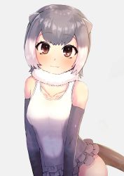 Rule 34 | 1girl, :3, absurdres, animal ears, brown eyes, collarbone, commentary, deku suke, elbow gloves, frilled swimsuit, frills, fur collar, gloves, gradient hair, grey hair, grey one-piece swimsuit, highres, kemono friends, light smile, looking at viewer, multicolored hair, one-piece swimsuit, otter ears, otter tail, short hair, simple background, small-clawed otter (kemono friends), solo, swimsuit, tail, two-tone swimsuit, white background, white hair, white one-piece swimsuit