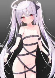Rule 34 | 1girl, belt, black background, blush, breasts, chain, convenient censoring, cuffs, groin, halo, highres, long hair, navel, nude, original, red eyes, ribbon, silver hair, simple background, small breasts, solo, thighs, twintails, very long hair, yunominomi