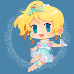 Rule 34 | 0 0, 10s, 1girl, :d, ayase eli, blonde hair, blue background, blue eyes, blush, chibi, detached collar, dress, frills, glass slipper, holding, jewelry, love live!, love live! school idol festival, love live! school idol project, no pupils, no shoes, open mouth, ponytail, scorpiyo, scrunchie, shoes, unworn shoes, simple background, smile, solid eyes, solo, thigh strap, tiara