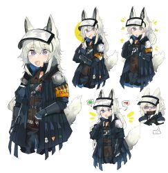 Rule 34 | 5girls, :d, :o, absurdres, animal ears, arknights, armband, blue gloves, eating, food, gloves, grani (arknights), grey hair, highres, hip vent, holding, holding food, holding pizza, holding weapon, horse ears, horse girl, horse tail, jacket, long hair, looking at viewer, multiple girls, multiple views, odmised, open mouth, pizza, pizza slice, police, police uniform, purple eyes, simple background, smile, speech bubble, tail, uniform, upper body, visor cap, weapon, white background