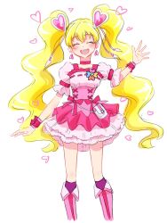 Rule 34 | 1girl, :d, blonde hair, blush, boots, choker, closed eyes, commentary request, cure peach, dress, earrings, eyelashes, fpminnie1, fresh precure!, frilled dress, frills, hair ornament, happy, heart, heart earrings, heart hair ornament, highres, jewelry, knee boots, long hair, looking at viewer, magical girl, momozono love, open mouth, pink choker, pink dress, pink footwear, precure, puffy short sleeves, puffy sleeves, short sleeves, simple background, sketch, smile, solo, twintails, white background, wrist cuffs