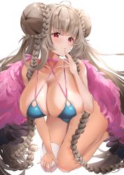 Rule 34 | 1girl, ahoge, alternate costume, azur lane, bikini, blue bikini, blush, braid, breasts, choker, cleavage, commentary request, double bun, feather boa, formidable (azur lane), formidable (the lady of the beach) (azur lane), hair bun, hand to own mouth, highres, kneeling, large breasts, long hair, looking at viewer, navel, open mouth, partial commentary, red eyes, revision, sg (satoumogumogu), sidelocks, simple background, single thighhigh, skindentation, solo, swimsuit, thighhighs, very long hair, white background, white thighhighs