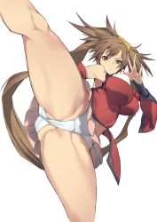 Rule 34 | 1girl, ass, bare shoulders, breasts, brown eyes, brown hair, china dress, chinese clothes, closed mouth, commentary request, dress, guilty gear, hair ornament, highres, kicking, kuma (jk0073), kuradoberi jam, long hair, looking at viewer, medium breasts, panties, pelvic curtain, pink skirt, pleated skirt, short dress, simple background, skirt, sleeveless, sleeveless dress, thighs, underwear, white background, white panties, wide sleeves