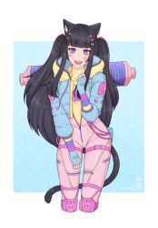 Rule 34 | 1girl, :d, absurdres, animal ears, apex legends, backpack, bag, black hair, blue gloves, blue jacket, cat ears, cat tail, character request, commission, down jacket, facial mark, fingerless gloves, gloves, hand up, heart, heart facial mark, highres, jacket, kawaii voltage wattson, knee pads, long sleeves, looking at viewer, mugen0017, open mouth, pants, pink pants, purple eyes, smile, solo, star (symbol), star facial mark, tail, two side up, virtual youtuber, wattson (apex legends)