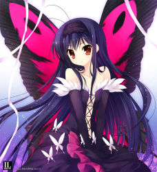 Rule 34 | 10s, 1girl, accel world, antenna hair, bare shoulders, black hair, butterfly wings, dress, elbow gloves, gloves, insect wings, kuroyukihime, long hair, looking at viewer, mitha, red eyes, solo, wings