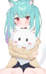 Rule 34 | 1girl, animal, animal ear fluff, animal ears, animal hug, blush, brown jacket, cat ears, cat tail, closed mouth, commentary request, ear piercing, earrings, extra ears, fang, fang out, feet out of frame, green hair, heart, heart earrings, highres, hololive, jacket, jewelry, long sleeves, looking at viewer, multicolored hair, off shoulder, open clothes, open jacket, piercing, purple hair, red eyes, shirt, sidelocks, simple background, sitting, skin fang, smile, solo, streaked hair, tail, twintails, uruha rushia, uruha rushia (school uniform), virtual youtuber, white background, white shirt, yoru no yayoi