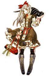 Rule 34 | alice (alice in wonderland), alice in wonderland, alternate costume, animal, animal on shoulder, bag, bloomers, blunt bangs, blush, boots, bow, cat, cheshire cat (alice in wonderland), cross-laced footwear, dress, frills, frown, full body, gloves, grey eyes, grin, hair bow, hamondo, handbag, knee boots, lace-up boots, long hair, looking down, neck ribbon, pantyhose, petticoat, pigeon-toed, ribbon, silver hair, simple background, smile, solo, striped clothes, striped pantyhose, underwear