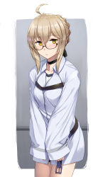 Rule 34 | 1girl, absurdres, ahoge, alternate costume, artoria pendragon (fate), black choker, blonde hair, blush, braid, breasts, choker, collarbone, commentary request, fate/grand order, fate (series), glasses, hair between eyes, highres, jacket, looking at viewer, medium breasts, mysterious heroine x alter (fate), nonderi, parted lips, semi-rimless eyewear, shirt, sleeves past wrists, solo, white jacket, white shirt, yellow eyes