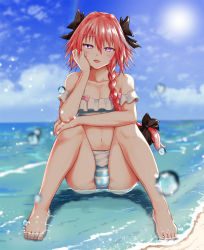 Rule 34 | 1boy, astolfo (fate), astolfo (sparkling frills) (fate), barefoot, bikini, black bow, blush, bow, braid, bulge, cloud, day, fate/apocrypha, fate/extella, fate/extella link, fate/extra, fate/grand order, fate (series), feet, frilled bikini, frills, hair between eyes, hair bow, hair intakes, highres, jewelry, long braid, long hair, looking at viewer, male focus, multicolored hair, navel, ocean, off-shoulder bikini, off shoulder, official alternate costume, open mouth, pink hair, purple eyes, single braid, sitting, sky, smile, solo, streaked hair, sun, swimsuit, trap, water, white hair