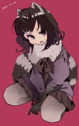 Rule 34 | 1girl, animal ears, black gloves, black skirt, brown eyes, common raccoon (kemono friends), dated, fur collar, gloves, highres, kemono friends, looking at viewer, nanana (nanana iz), open mouth, pleated skirt, purple shirt, raccoon ears, raccoon girl, raccoon tail, red background, shirt, simple background, skirt, solo, squatting cowgirl position, swept bangs, tail