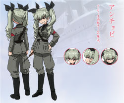 Rule 34 | 10s, 1girl, anchovy (girls und panzer), belt, black footwear, black shirt, blouse, boots, character sheet, concept art, dress shirt, drill hair, expressions, girls und panzer, green hair, grey jacket, grey pants, grin, hair ribbon, hand on own hip, jacket, jodhpurs, knee boots, long hair, long sleeves, military, military uniform, multiple views, necktie, official art, pants, pants tucked in, red eyes, ribbon, riding crop, shirt, silver hair, smile, standing, sugimoto isao, turnaround, twin drills, twintails, uniform