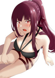 Rule 34 | 1girl, aizawa u-ji, bare shoulders, bikini, black bikini, blush, breasts, cleavage, collarbone, eyes visible through hair, feet out of frame, girls&#039; frontline, hair ribbon, hand on floor, hand on own knee, highres, long hair, looking at viewer, medium breasts, official alternate costume, on floor, open mouth, ponytail, purple hair, red eyes, ribbon, solo, swimsuit, wa2000 (girls&#039; frontline), wa2000 (op. manta ray) (girls&#039; frontline), white background