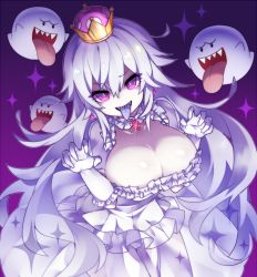 Rule 34 | 1girl, blush, boo (mario), breasts, brooch, cleavage, collarbone, colored tongue, crown, dress, earrings, frilled dress, frilled gloves, frills, ghost pose, gloves, hair between eyes, jewelry, large breasts, long hair, looking at viewer, luigi&#039;s mansion, mario (series), nazu, new super mario bros. u deluxe, nintendo, open mouth, princess king boo, puffy short sleeves, puffy sleeves, purple tongue, sharp teeth, short sleeves, silver hair, super crown, teeth, tongue, tongue out, white dress, white gloves