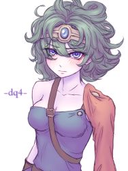 Rule 34 | 1girl, asymmetrical clothes, blue eyes, blush, breasts, chest belt, circlet, cleavage, collarbone, copyright name, dragon quest, dragon quest iv, eyelashes, frown, gem, green hair, heroine (dq4), leotard, looking at viewer, medium breasts, miata (miata8674), short hair, simple background, solo, upper body, wavy hair, white background