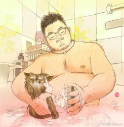 Rule 34 | 1boy, animal, arm hair, asian, bara, bathing, bathroom, bathtub, beard, belly, bull, cat, chest hair, cleaning brush, completely nude, facial hair, fat, fat man, glasses, holding, holding animal, holding cat, junsun, male focus, mature male, mustache, nipples, nude, original, pectorals, short hair, solo, traditional media, upper body, weibo logo, weibo username, wet, white background