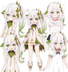 Rule 34 | 1girl, alternate costume, azbchan1221, bloomers, blue skirt, child, commentary request, cross-shaped pupils, dress, genshin impact, gradient hair, green eyes, green hair, green sleeves, hair ornament, highres, leaf hair ornament, multicolored hair, multiple views, nahida (genshin impact), pointy ears, sailor collar, shirt, side ponytail, skirt, smile, stirrup footwear, stirrup legwear, striped clothes, striped shirt, sweat, symbol-shaped pupils, toeless footwear, toeless legwear, underwear, white bloomers, white dress, white hair