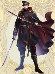 Rule 34 | 1boy, beard, belt, black cape, black hat, boots, cape, dairoku ryouhei, dual wielding, facial hair, full body, gloves, grey hair, hat, hi-na1, holding, holding sword, holding weapon, looking at viewer, male focus, military, military hat, military uniform, mustache, red cape, sheath, standing, sword, uniform, weapon, white gloves