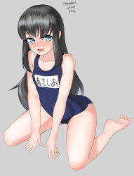1girl, asashio (kancolle), barefoot, black hair, blue eyes, blue swimsuit, collarbone, dated, flat chest, full body, grey background, highres, kantai collection, kneeling, long hair, looking at viewer, maru (marg0613), name tag, school swimsuit, simple background, solo, swimsuit, twitter username