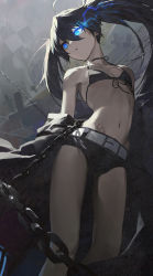 Rule 34 | 1girl, belt, bikini, bikini top only, black bra, black hair, black rock shooter, black rock shooter (character), blue eyes, bra, breasts, bright pupils, chain, fire, flaming eye, glowing, glowing eyes, hair between eyes, highres, long hair, modare, navel, short shorts, shorts, small breasts, solo, stitches, swimsuit, underwear