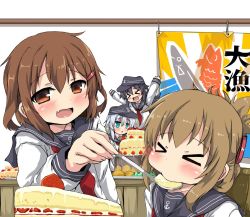Rule 34 | &gt; &lt;, 10s, 4girls, akatsuki (kancolle), anchor symbol, blue eyes, blush, blush stickers, brown eyes, brown hair, cake, commentary request, eating, closed eyes, fang, feeding, folded ponytail, food, hibiki (kancolle), ikazuchi (kancolle), inazuma (kancolle), kantai collection, long hair, looking at viewer, multiple girls, neckerchief, open mouth, oshiruko (uminekotei), outstretched arms, purple hair, red neckerchief, school uniform, serafuku, silver hair, skin fang, sparkle, spoon, tairyou-bata