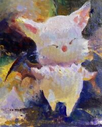 Rule 34 | ^ ^, abstract background, bat wings, closed eyes, closed mouth, commentary, english commentary, final fantasy, full body, highres, looking at viewer, moogle, multicolored background, no humans, oil painting (medium), outstretched arms, painting (medium), solo, standing, traditional media, wings, yuming li