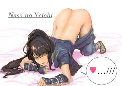 Rule 34 | ..., 10s, 1boy, androgynous, ass, bad id, bad pixiv id, black hair, character name, clothes pull, drifters, embarrassed, full body, heart, l!bra, long hair, looking at viewer, male focus, nasu no yoichi, no panties, open mouth, pants, pants pull, solo, spoken ellipsis, spoken heart, top-down bottom-up, trap, undressing, yellow eyes