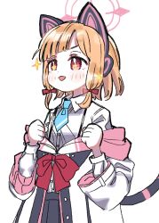 Rule 34 | + +, 1girl, :d, animal ear headphones, animal ears, black skirt, blonde hair, blue archive, blue necktie, blush, bow, clenched hands, collared shirt, commentary request, dress shirt, fake animal ears, hair bow, halo, hands up, headphones, highres, jacket, looking away, momoi (blue archive), necktie, open mouth, pink eyes, pleated skirt, red bow, sanzui, shirt, short necktie, sidelocks, simple background, skirt, smile, solo, sparkle, tail, white background, white jacket, white shirt