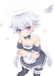 Rule 34 | 1boy, alternate costume, angel, angel wings, angry, apron, blush, bow, bowtie, crossdressing, detached collar, embarrassed, enmaided, halo, inuzumi, looking at viewer, low wings, luke venus, maid, maid apron, male focus, mini wings, pointy ears, pop-up story, purple eyes, silver hair, simple background, solo, thighhighs, waist apron, white background, wings