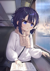 Rule 34 | 1girl, :o, bag, black bag, black skirt, blue eyes, blush, book, brown scarf, commentary request, condensation, fuiba fuyu, gochuumon wa usagi desu ka?, hair ornament, hairclip, highres, long sleeves, looking to the side, open book, open mouth, outdoors, pleated skirt, scarf, school bag, skirt, solo, sweater, taku michi, train interior, white sweater, window fog