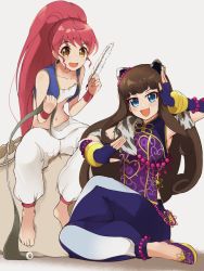 Rule 34 | 13-gou, 2girls, barefoot, brown eyes, brown hair, character request, collarbone, cosplay, dragon quest, dragon quest iii, fingerless gloves, full body, gloves, jewelry, long hair, looking at viewer, merchant (dq3), multiple girls, navel, open mouth, pink hair, simple background, smile