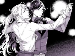 Rule 34 | 2boys, belt, black background, blurry, bokeh, bow, bowtie, bungou to alchemist, dancing, depth of field, dress shirt, frilled sleeves, frills, greyscale, hair between eyes, hair ornament, hair stick, hand on another&#039;s back, holding hands, light blush, long hair, long sleeves, looking to the side, male focus, monochrome, multiple boys, nagai kafuu (bungou to alchemist), pants, parted lips, ponytail, profile, shirt, smile, swept bangs, tanizaki junichirou (bungou to alchemist), traditional bowtie, upper body, vest, yueno