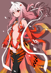 Rule 34 | 1girl, bare shoulders, breasts, center opening, cleavage, closed mouth, cowboy shot, detached sleeves, fingerless gloves, fingernails, gloves, guilty crown, hair ornament, hairclip, highres, hiyashinssu, long hair, nail polish, pink hair, red eyes, small breasts, solo, twintails, yuzuriha inori