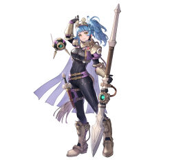 1girl absurdres adjusting_goggles blue_hair bodysuit braid crown_braid drone essual_(layer_world) fire_emblem fire_emblem_heroes goggles goggles_on_head highres looking_at_viewer nintendo official_alternate_costume official_art polearm ponytail reginn_(dvergr_heir)_(fire_emblem) reginn_(fire_emblem) smile solo tachi-e weapon white_background