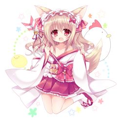 Rule 34 | 1girl, :d, animal ears, arrow (projectile), bell, bird, blush, bow, chicken, collarbone, commentary request, fox ears, fox girl, fox tail, frilled hairband, frilled skirt, frills, full body, hairband, hamaya, japanese clothes, jingle bell, light brown hair, long hair, long sleeves, looking at viewer, miko, obi, off shoulder, open mouth, original, pink skirt, pleated skirt, red bow, red eyes, red ribbon, ribbon, sandals, sash, shikito (yawa0w0), sidelocks, skirt, sleeves past wrists, smile, solo, sparkle, star (symbol), starry background, tabi, tail, tareme, white background, white legwear, wide sleeves, zouri