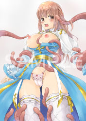 Rule 34 | 1girl, absurdres, arch bishop (ragnarok online), blue dress, blush, braid, breasts, breasts out, brown eyes, brown hair, cameltoe, cleavage cutout, clothing cutout, commentary request, commission, cowboy shot, cross, dress, fishnet thighhighs, fishnets, french braid, frilled thighhighs, frills, grey background, highres, juliet sleeves, kainohito, lace, lace panties, large breasts, long hair, long sleeves, looking to the side, nipples, open mouth, panties, puffy sleeves, ragnarok online, sample watermark, sash, simple background, skeb commission, solo, tentacles, tentacles under clothes, thighhighs, two-tone dress, underwear, watermark, white dress, white panties, white thighhighs, yellow sash