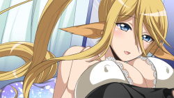 Rule 34 | 1girl, 1other, animal ears, artist request, blonde hair, blue eyes, bra, breast press, breasts, centorea shianus, cleavage, covered erect nipples, from behind, game cg, hair between eyes, horse ears, huge breasts, indoors, long hair, monster musume no iru nichijou, monster musume no iru nichijou online, official alternate costume, official art, open mouth, pointy ears, ponytail, smile, underwear, very long hair, white bra