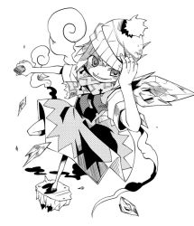 Rule 34 | 1girl, beanie, cellphone, cirno, embodiment of scarlet devil, fairy wings, greyscale, hat, ice, kannazuki hato, monochrome, perfect cherry blossom, phone, scarf, simple background, smirk, solo, touhou, wings