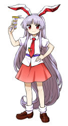 Rule 34 | 1girl, absurdly long hair, animal ears, brown footwear, full body, hand on own hip, hand up, highres, itou yuuji, long hair, looking at viewer, lunatic gun, necktie, puffy short sleeves, puffy sleeves, purple hair, rabbit ears, red eyes, red necktie, red skirt, reisen udongein inaba, shirt, shoes, short sleeves, simple background, skirt, smile, socks, solo, standing, touhou, very long hair, white background, white shirt, white socks, wing collar