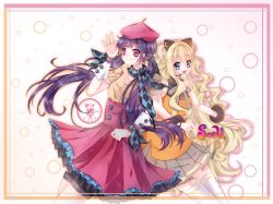 Rule 34 | 2girls, animal ears, blonde hair, blue eyes, blue scarf, border, bow, cat ears, character name, checkered clothes, checkered scarf, dress, fang, grey bow, grey skirt, hair ornament, hand up, hat, headset, highres, log, long hair, looking at viewer, multiple girls, nicolestar, orange dress, pink dress, pink eyes, pink hat, pleated skirt, purple hair, scarf, seeu, sidelocks, simple background, skirt, smile, standing, thighhighs, twintails, very long hair, vocaloid, wavy hair, white background, white legwear, wrist cuffs, xin hua
