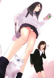 Rule 34 | + +, 2girls, absurdres, ama mitsuki, backpack, bag, black bag, black suit, brown hair, cat, collared shirt, feet out of frame, from below, hand in pocket, heart, highres, holding, holding phone, jacket, long sleeves, looking at phone, medium hair, miniskirt, multiple girls, necktie, non-web source, office lady, open mouth, original, page number, panties, pantyshot, pencil skirt, phone, pleated skirt, purple eyes, purple jacket, scan, shirt, shoulder bag, skirt, suit, underwear, upskirt, white background, white panties, white shirt
