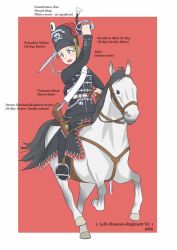 Rule 34 | animal, bad id, bad twitter id, blonde hair, blue eyes, gun, hat, holding, holding weapon, horse, horseback riding, hussar, karasumi (sumizono), military, military uniform, original, prussia, red background, reins, riding, rifle, saber (weapon), saddle, simple background, skull and crossbones, soldier, solo, sword, tassel, uniform, weapon