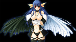 Rule 34 | 1girl, arc system works, asymmetrical wings, bare shoulders, black background, blue hair, blush, breasts, breasts out, choker, crossed arms, dizzy (guilty gear), female focus, guilty gear, hair ribbon, kirishima satoshi, long hair, looking at viewer, nipples, red eyes, ribbon, smile, solo, thighhighs, topless, wings