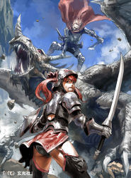 Rule 34 | 1boy, 1girl, armor, ass, cape, clenched teeth, dragon, fantasy, gauntlets, helmet, junny, long hair, looking back, open mouth, original, red hair, sharp teeth, shield, sky, sweat, sword, teeth, thighhighs, twintails, upskirt, weapon