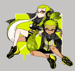 Rule 34 | 1boy, 1girl, agent 3 (splatoon), bike shorts, black cape, black shirt, black shorts, blunt bangs, cape, closed mouth, commentary, crossed arms, dark skin, dated, green hair, hair ornament, hair pulled back, hair scrunchie, headgear, inkling, inkling boy, inkling girl, inkling player character, leaning back, light frown, long hair, long sleeves, looking at viewer, matching outfits, multicolored scrunchie, nintendo, orange eyes, outside border, paint splatter, scrunchie, shirt, shoes, shorts, single vertical stripe, sitting, smile, sneakers, splatoon (series), splatoon 1, splatoon 2, splatoon 2: octo expansion, squidbeak splatoon, tentacle hair, topknot, torn cape, torn clothes, vest, yellow footwear, yellow vest, yeneny